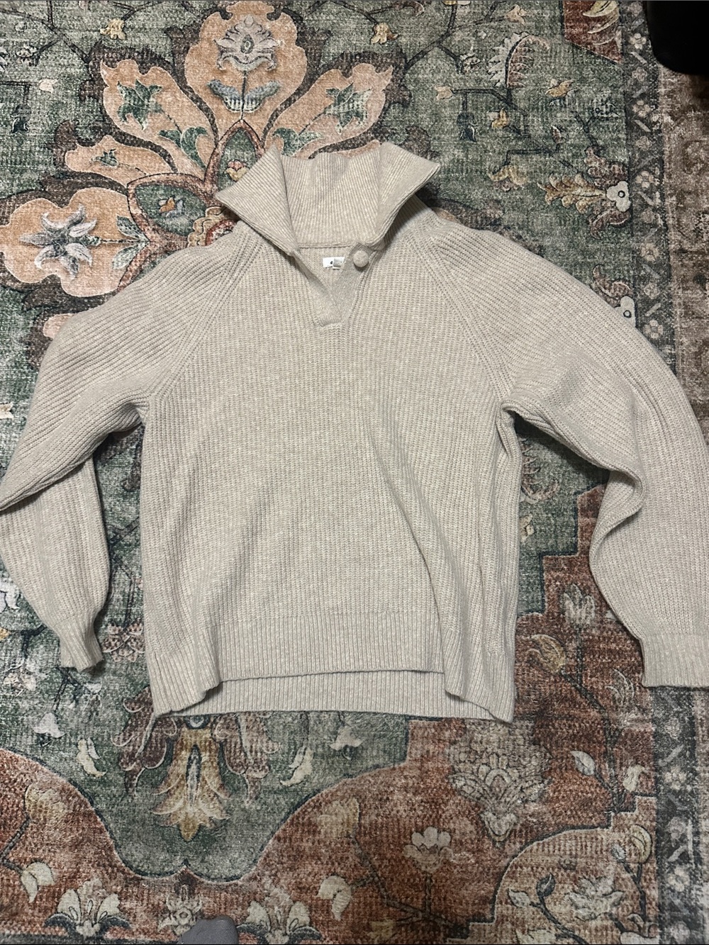 aerie Cream Ribbed Shawl-Collar Sweater